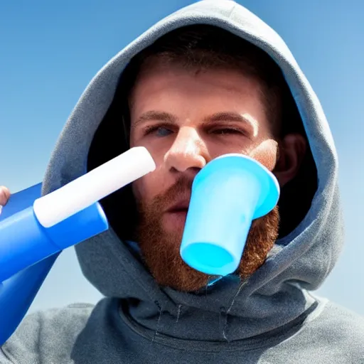 Image similar to a man wearing a hoodie, using a groan tube as a snorkel, whilst holding a blue inhaler, high detail, 4 k