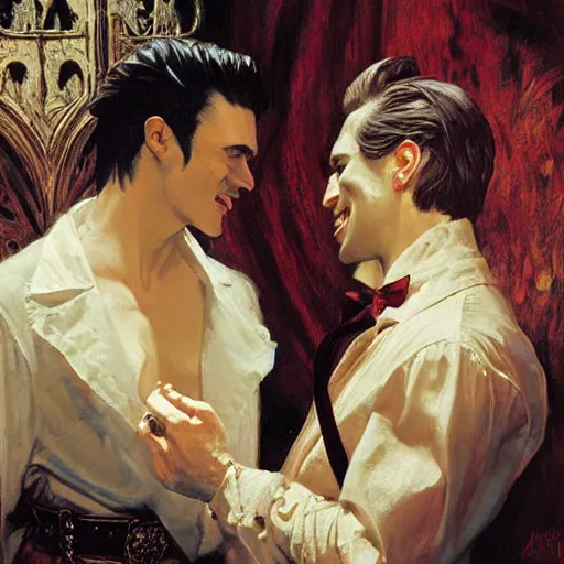 Image similar to attractive male, arthur pendragon confesses his love to attractive male dracula the vampire. highly detailed painting by gaston bussiere, craig mullins, j. c. leyendecker 8 k