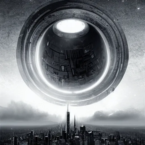 Image similar to black hole rising above city, city destroyed by shockwave, black hole with accretion disс, digital art, vector logo, sticker, black and white, art by stefan koidl, brock hofer, marc simonetti