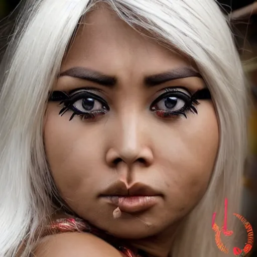 Image similar to hot tribal warrior cute girl big eyes pouty lips tanned skin white hair