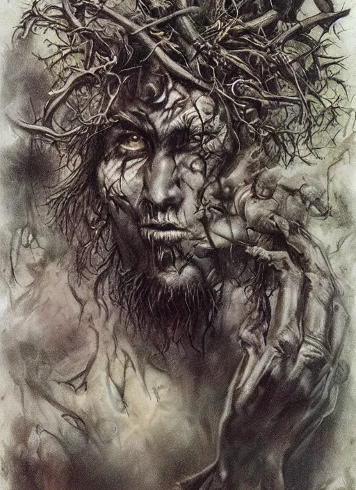 Image similar to portrait of grizzled male god of the damned, black iron crown, claw scars, strong line, deep color, forest, beautiful! coherent! by boris vallejo, by brian froud