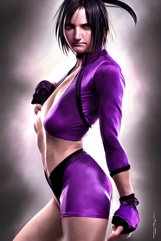 Image similar to Tekken 4 fighter anime Cameron Diaz with purple leotard, long black hair wearing fighting cuffs in a fighting stance, digital painting, artstation, concept art, soft light, hdri, smooth, sharp focus, illustration, art by tian zi, craig mullins, Mark Arian, WLOP, alphonse mucha