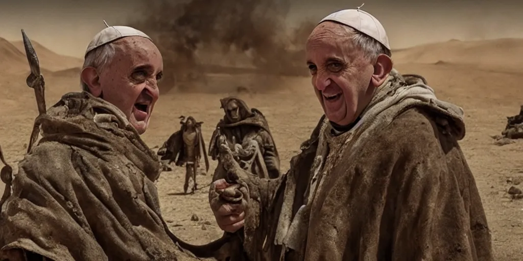 Image similar to still frame of pope francis as the pope of the wastelands in mad max: fury road (2015) 8k UHD award winning