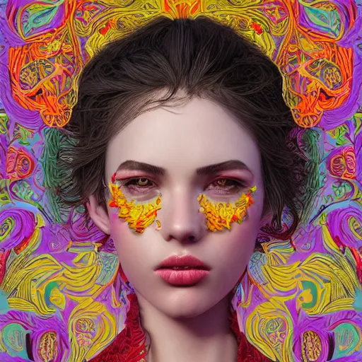 Image similar to the portrait of a beautiful and elegant young woman made up of peppers, an ultrafine detailed illustration by james jean, intricate linework, bright colors, final fantasy, behance contest winner, vanitas, angular, altermodern, unreal engine 5 highly rendered, global illumination, radiant light, detailed and intricate environment