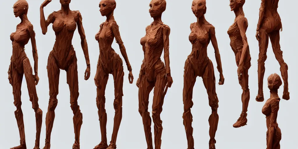 Image similar to wooden woman design, character sheet, 3d render, Greg Rutkowski, Zabrocki, Karlkka, Jayison Devadas, Phuoc Quan, trending on Artstation, 8K, ultra wide angle, zenith view, pincushion lens effect