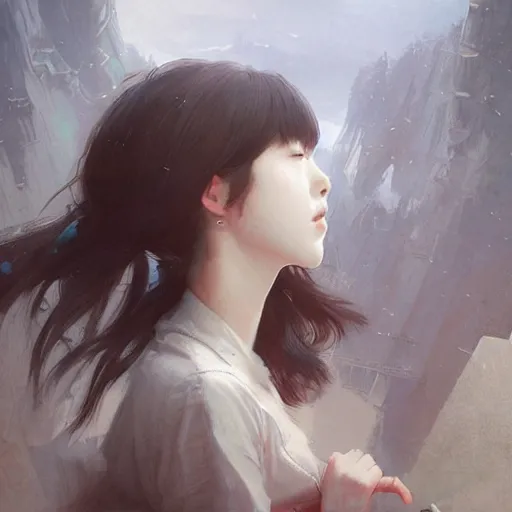 Image similar to IU, Korean Idol, Korean Artist, very detailed, digital art, concept art, studio quality, ethereal, art style by Greg Rutkowski