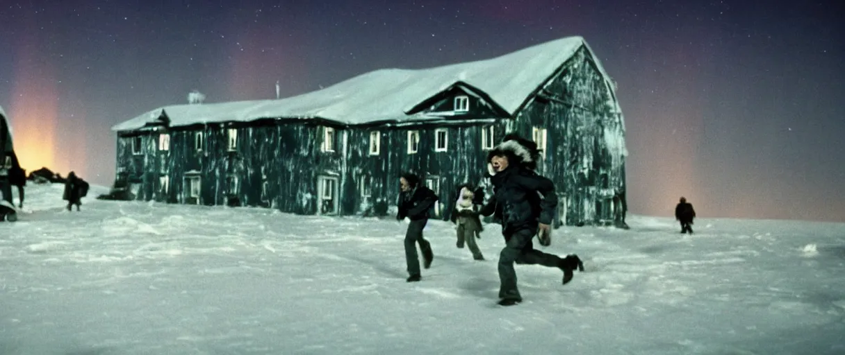 Prompt: filmic extreme wide shot movie still 4 k uhd exterior shot 3 5 mm film color photograph of a people running in terror around a village in the antarctic at night with the northern lights lighting up the sky and the buildings, in the style of the horror film the thing 1 9 8 2