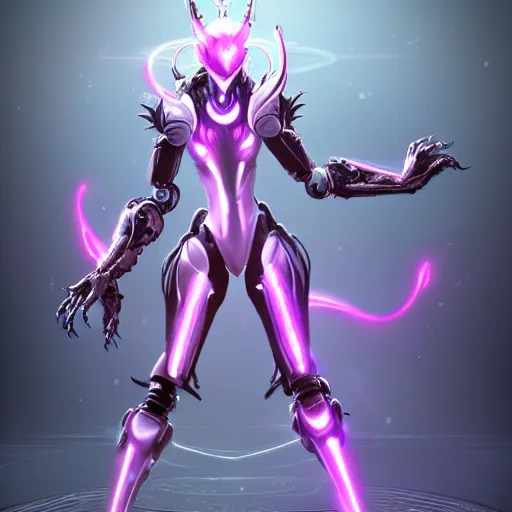 Image similar to highly detailed exquisite fanart, of a beautiful female warframe, but as an anthropomorphic elegant robot female dragoness, glowing eyes shiny, and smooth off-white plated armor, bright Fuchsia skin beneath the armor, sharp claws, robot dragon four fingered hands, and robot dragon three clawed feet, standing elegant pose, full body shot, epic cinematic shot, professional digital art, high end digital art, singular, realistic, DeviantArt, artstation, Furaffinity, 8k HD render, epic lighting, depth of field