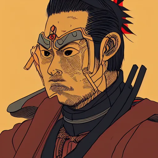 Prompt: a powerful japanese samurai wearing fire gear, detailed face, face symmetry, character concept portrait by moebius and laurie greasley, postminimalism, highly detailed, smooth, sharp focus, 3 d fineart, profile picture, 8 k, cinematic color grading