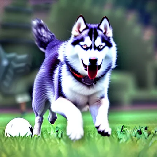 Prompt: a siberian husky playing soccer