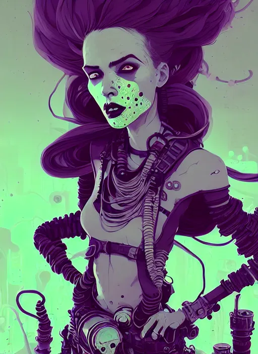 Image similar to highly detailed portrait of wasteland punk long caustic poison hair tribal lady, stray wiring by atey ghailan, james gilleard, by joe fenton, by greg rutkowski, by greg tocchini, by kaethe butcher, 4 k resolution, gradient green, purple, black and white color scheme!!! ( ( green flaming robotic sewer background ) )