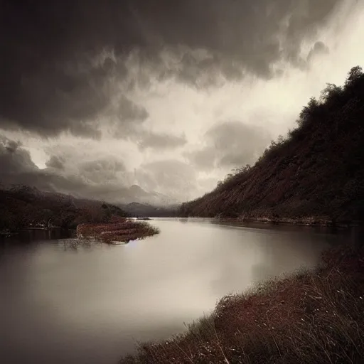 Prompt: photo of a beautiful river landscape by michal karcz., taken by a disposable camera | horror | nightmare