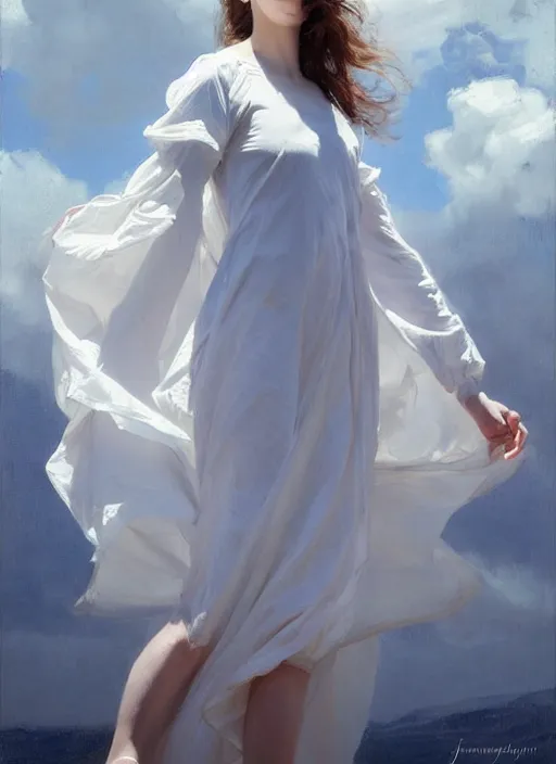 Prompt: portrait of girl dressed in white clothes , fantasy character portrait, dynamic pose, above view, sunny day, thunder clouds in the sky, artwork by Jeremy Lipkin and Giuseppe Dangelico Pino and Michael Garmash and rob rey, very coherent symmetrical artwork, perfect face, simple form