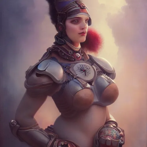 Image similar to by tom bagshaw, ultra realist vivid soft painting of a carnival of curiosities, single curvy flirt etheral young steampunk female in a full ornated armor gears, photorealistic facial traits, cables, led, flying machinery, partial symmetry accurate features, very intricate details, focus, award winning, ultra dense fog