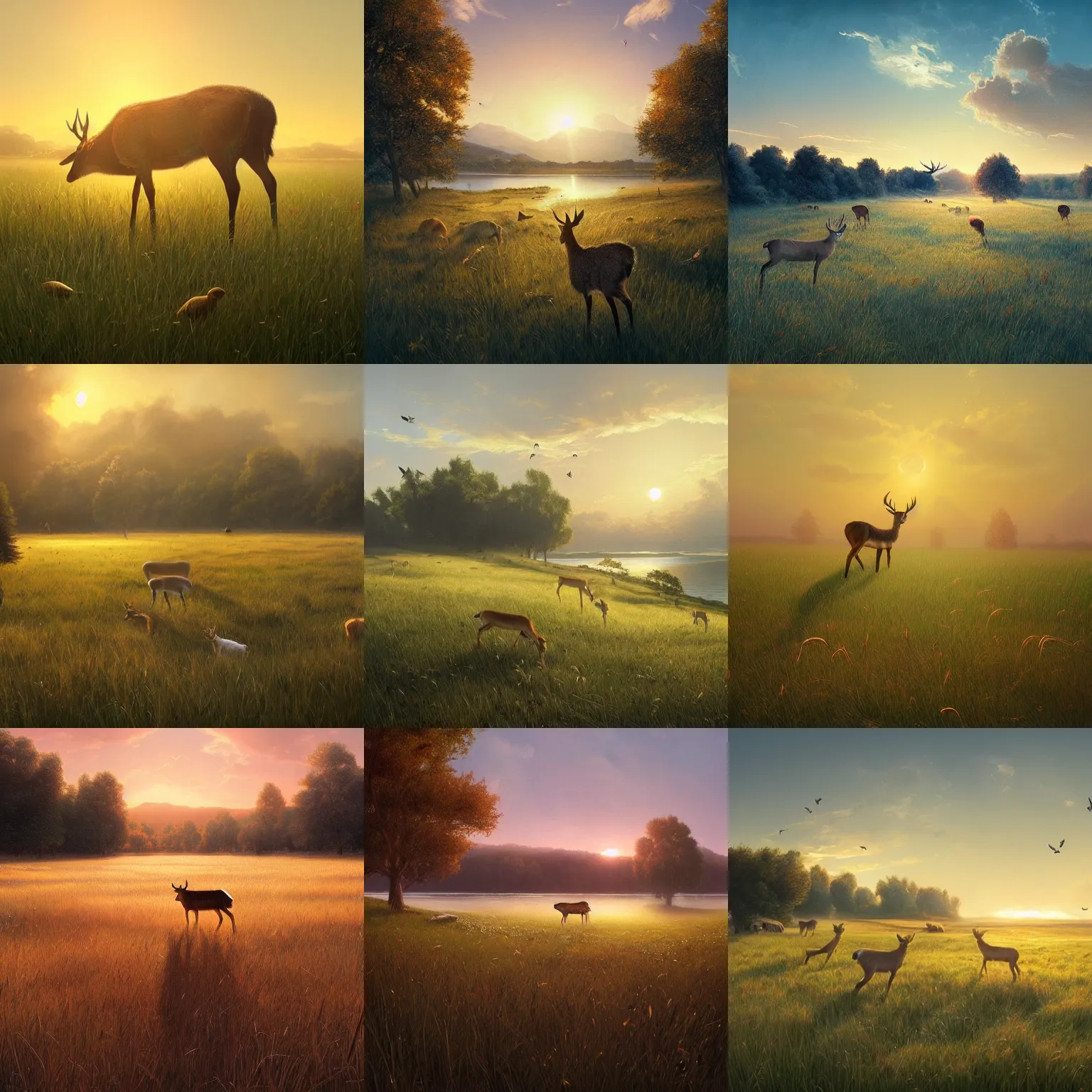Prompt: a beautiful grassy meadow at sunset, deer, birds, lake, by greg rutkowski, chris tulloch mccabe, valentina remenar and asher duran, digital art, concept art, trending on artstation
