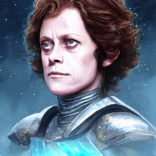 Image similar to young sigourney weaver as a d & d paladin, character portrait by wlop