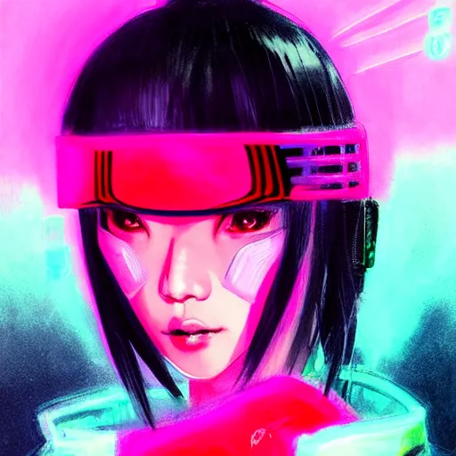 Image similar to stylized japanese girl ninja - cyberpunk, wearing urban techwear, neon lights and armor, painted in acrylic, in the colors hot pink and cyan, beautiful realistic face, spotlight, by greg rutkowski, by jeremy mann, by francoise nielly, by kunio okawara, yoshikazu yasuhiko, in focus, sharp lines