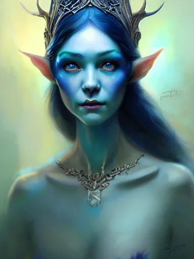 Image similar to the elven queen with blue skin by james jean, charlie bowater, tom bagshaw, nikolay makovsky : : enchanting, ethereal, magical, portrait, character design, illustration, hyperrealism, photorealism, digital art, concept art, fantasy, whimsy, weta, wlop, artstation