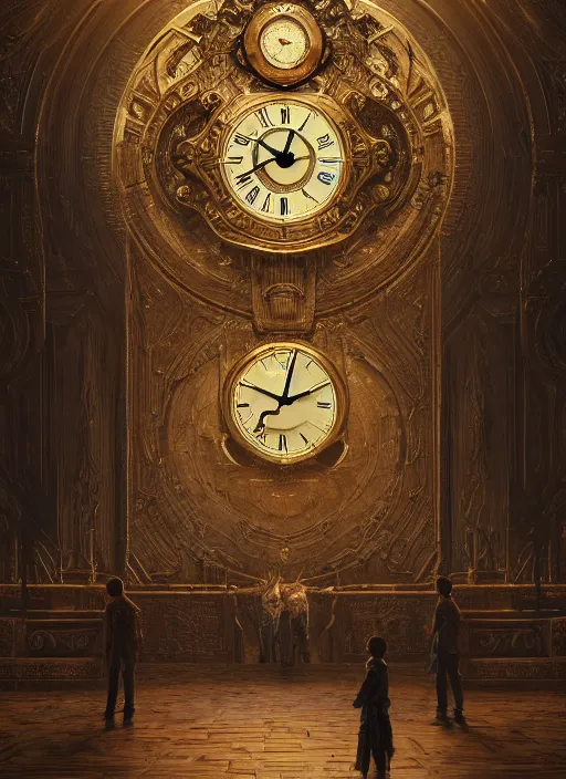 Image similar to the clocks made of men, au naturel, hyper detailed, digital art, trending in artstation, cinematic lighting, studio quality, smooth render, unreal engine 5 rendered, octane render, art style by klimt and nixeu and ian sprigger and wlop and krenz cushart