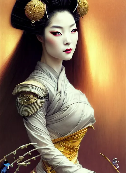 Image similar to Japanese geisha, glamorous moon, seductive eyes and face, elegant, lascivious pose, very detailed face, studio lighting, photorealism, wearing futuristic armor , portrait by Magali Villeneuve and Steve Argyle,Livia Prima,Mucha,dress,fantasy art,beautiful,artstation,trending on artstation,intricate details,alluring,masterpiece