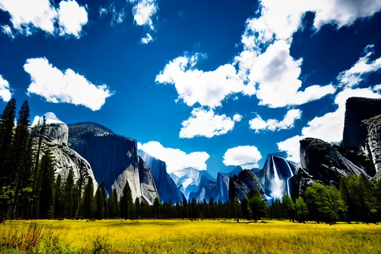 Prompt: wide, lush scenic landscape, grand majestic mountains, valley, yosemite, blue sky, white clouds, professional photography, realistic, cinematic, highly detailed