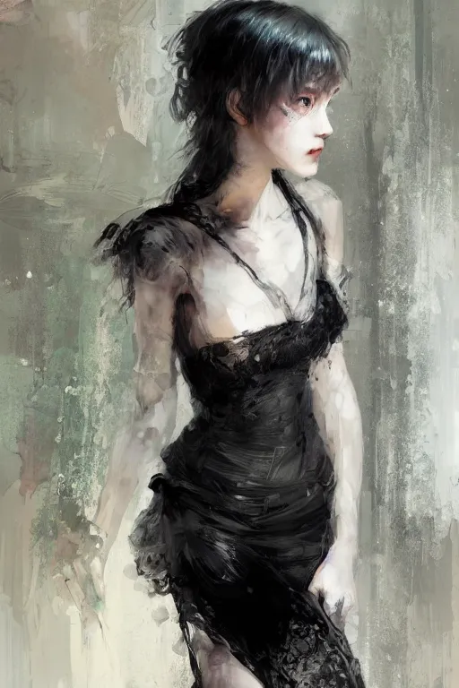 Prompt: a girl wearing a black lace dress and thigh highs walking in an abandoned factory, digital art, beautiful face, expressive oil painting, by yoshitaka amano, by artgerm, by jeremy lipking, volumetrics, mood