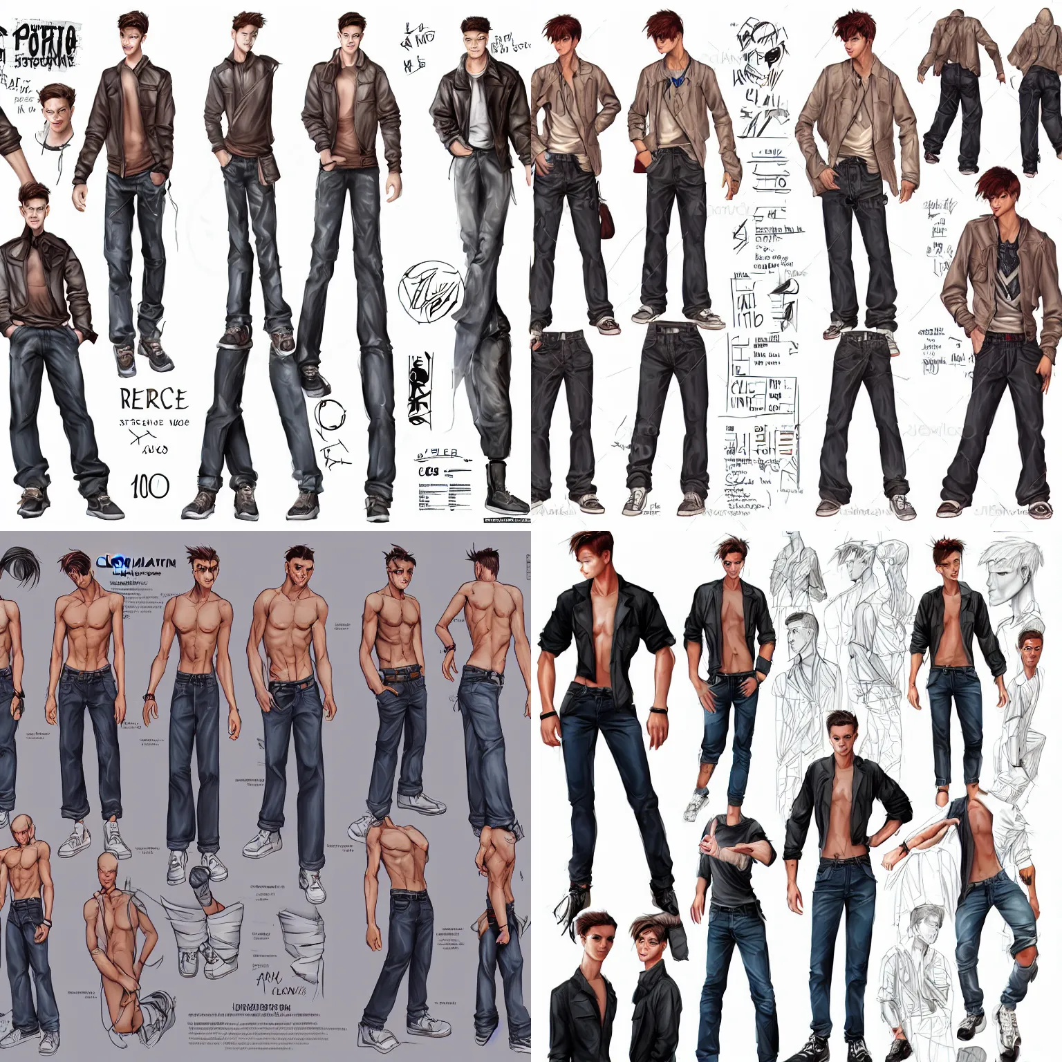 Prompt: cinematic clean digital concept art vibrant male 90s! street fashion character reference sheet in high quality with photographic details and bright values, arstation, clear face, realistic proportions, full body,