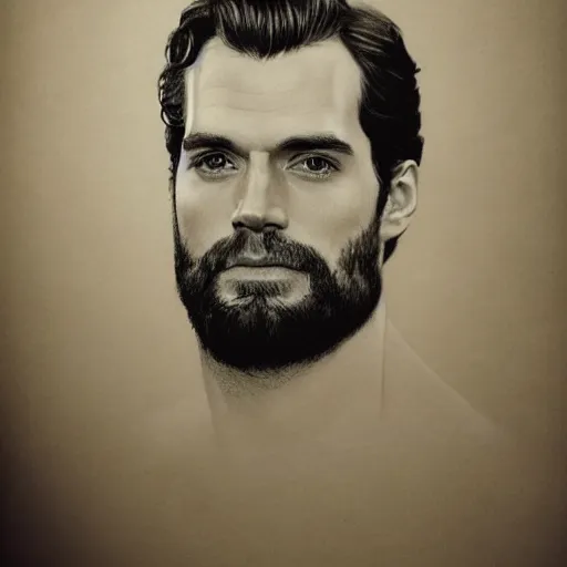 Image similar to portrait of henry cavill with a enormous bushy unkept beard, pencil drawing