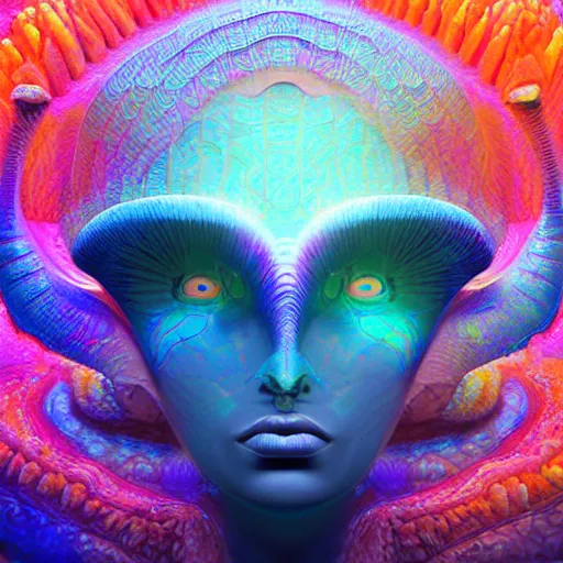 Image similar to Face of a Alien Deity, corals, plume made of geometry, extremly detailed digital painting, sharp focus in the style of android jones, artwork of a futuristic artificial intelligence superstar, mystical colors, rim light, beautiful lighting, 8k, stunning scene, raytracing, octane, under water visual distortion, dark tones colors, trending on artstation