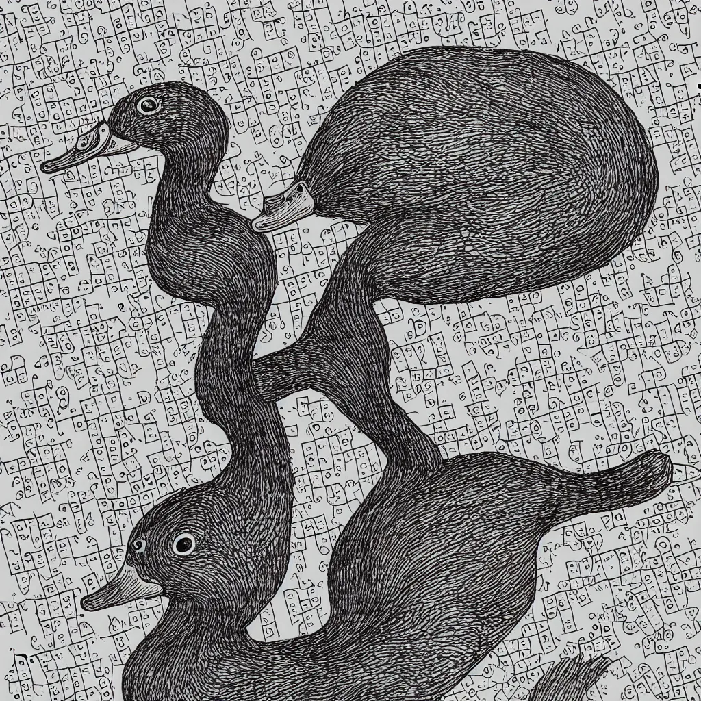 Image similar to A duck doing a crossword puzzle in the style of a New Yorker cartoon.