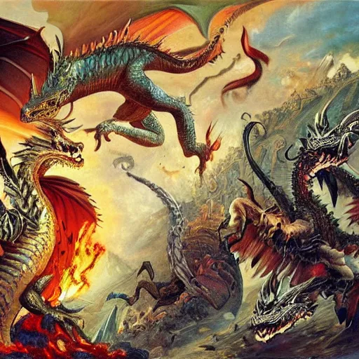 Image similar to dragons, fall of rome, epic painting