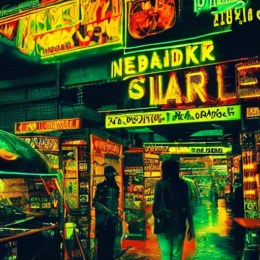 Image similar to cyberpunk black indian market, indoor in the style of blade runner, low neon lights and dim displays, crowded with cyborgs photorealistic, artistic photography, grainy ruined film, dark color scheme, ray tracing, unreal engine, 4 k