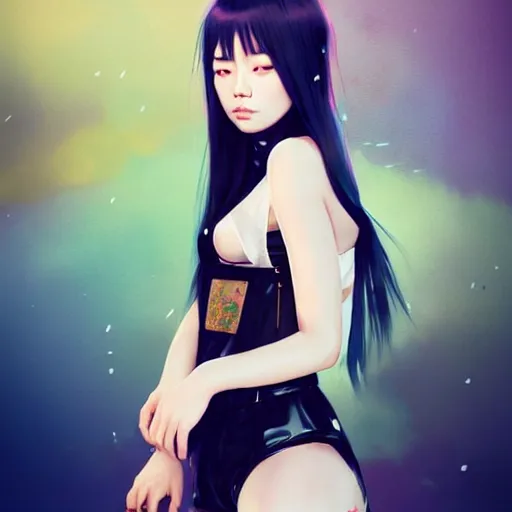 Image similar to a beautiful young korean kpop star billie eilish lucy liu alluring instagram model in elaborate latex tank top, jrpg tank top made from latex demon faces, by guweiz and wlop and ilya kuvshinov and artgerm and, aesthetic, gorgeous, stunning, alluring, attractive, artstation, deviantart, pinterest, digital art