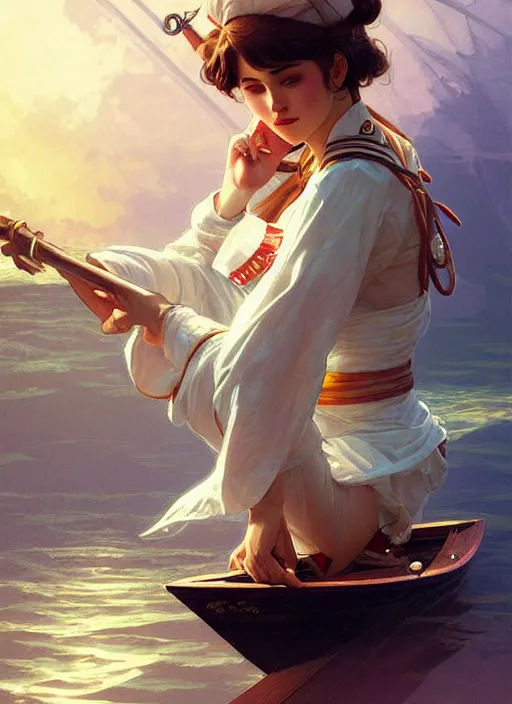 Image similar to sailor on its boat, fantasy, highly detailed, digital painting, artstation, concept art, wallpaper, smooth, sharp focus, illustration, art by artgerm and greg rutkowski and alphonse mucha