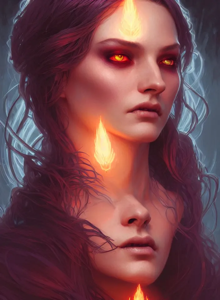 Image similar to Necromancer Sorceress face close-up in center, fantasy magic, undercut hairstyle, dark light night, intricate, elegant, sharp focus, illustration, highly detailed, digital painting, concept art, matte, art by WLOP and Artgerm and Greg Rutkowski and Alphonse Mucha, masterpiece