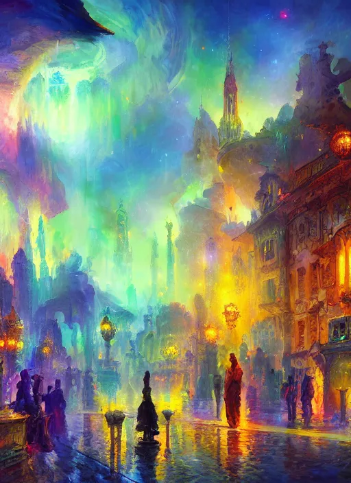 Image similar to ethereal starlit city of magic lost in time at sunset, art station, fauvism, matte painting, johan grenier, hd, digital painting