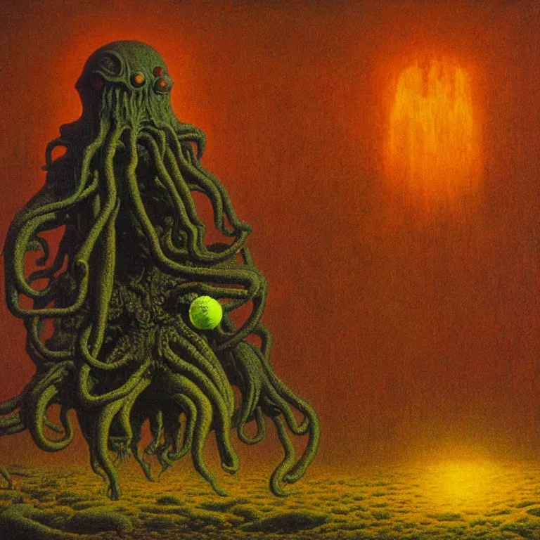 Image similar to a cinematic scene tennis ball monster from the cthulhu in nevada test side, lovecraft, concept art by beksinski and jean delville, dramatic lighting, ultra hd, hdr, 8 k