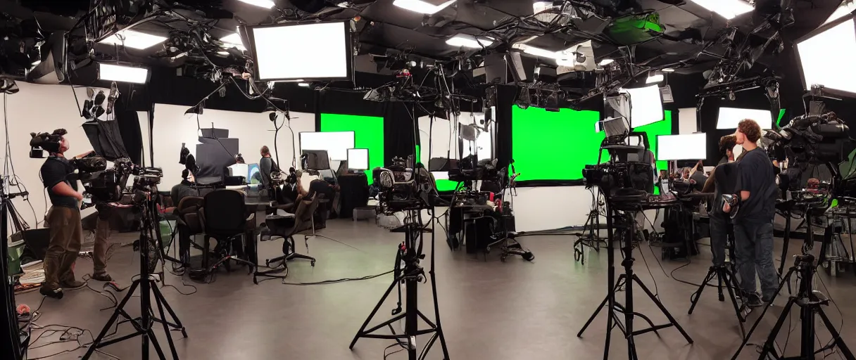 Image similar to photo of a movie set, green screen in the back, cameras and camera operators in the front, studio, movie set, realistic, studio lighting