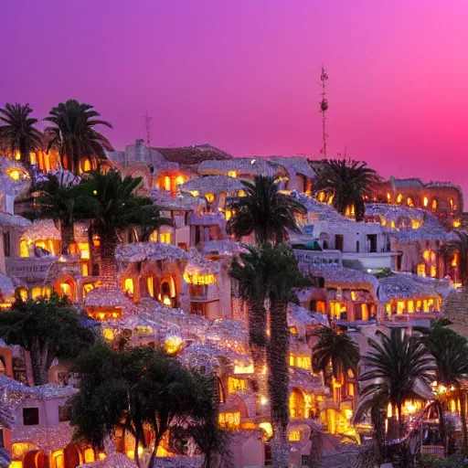 Prompt: a beautiful tirat carmel city with lots of glowing crystals, sunset lighting,