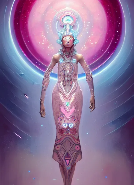 Image similar to porttait of a beautiful celestial Aztec pearlescent interstellar Goddess wearing a futuristic slim dress exposed in cryo chambers by James Jean, pink and white theme, captivating, intricate, elegant, highly detailed, centered, digital painting, artstation, concept art, smooth, sharp focus, illustration, by Peter Mohrbacher, WLOP