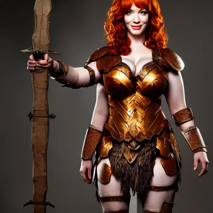 Image similar to full body photograph of christina hendricks as a amazon warrior. Extremely detailed. 8k