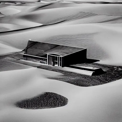 Prompt: A house designed by Miles Van Der Rohe in the middle of the sahara desert. Aerial View. Film Grain, Full color. Brown hue. Fujifilm.