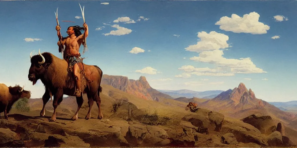 Image similar to native american riding bison, buffalo, native american warrior, mountain range, beautiful sky, standing on the edge of a cliff, 1 9 th century, painted by frazetta