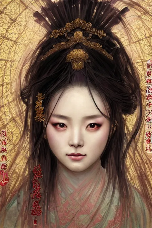 Image similar to beautiful ancient fantasy portrait of wuxia heroine like tzuyz twice, in forbidden City, flowers rainning everywhere, beautiful glowing galaxy eyes, hybrid from Dynasty Warriror, artstation, concept art, smooth, sharp focus, illustration, art by tian zi and WLOP and alphonse mucha, fantasy, intricate, very very beautiful, elegant, highly detailed, digital painting