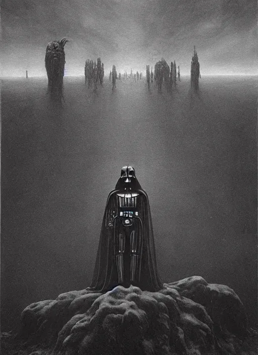 Prompt: darth vader, beksinski, eldritch, apocalypse, creepy creature, horror spooky