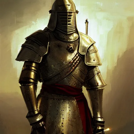 Prompt: Portrait painting of a medieval christian Knight with heavy armor holding a golden Sword by his hands by greg rutkowski and Craig Mullins, Dark atmospheric and cinematic lighting