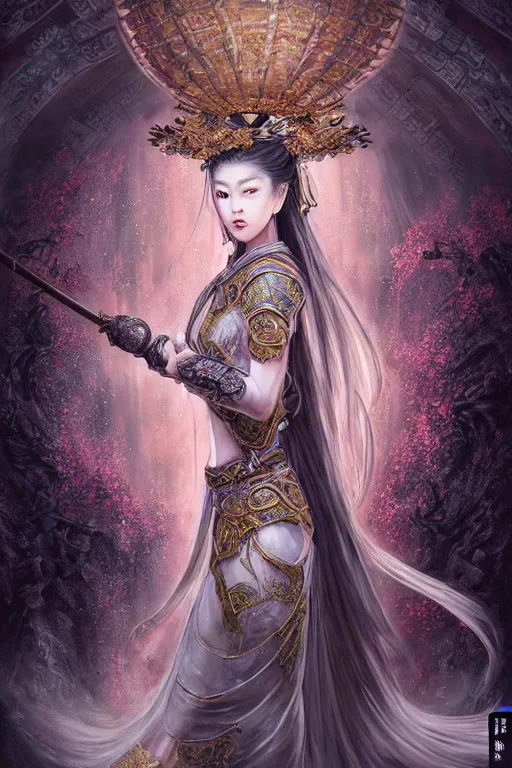 Image similar to beautiful ancient fantasy portrait of wuxia armor heroine, wearing Xian Xia wardrobe, in forbidden City, hybrid from Dynasty Warriror, flowers sea rainning everywhere, intricate, very very beautiful, elegant, highly detailed, digital painting, beautiful glowing galaxy eyes, human anatomy, hyperrealistic, soft light, dynamic, artbreeder, artstation, fantasy concept art, smooth, sharp focus, illustration, art by alphonse mucha and tian zi and WLOP