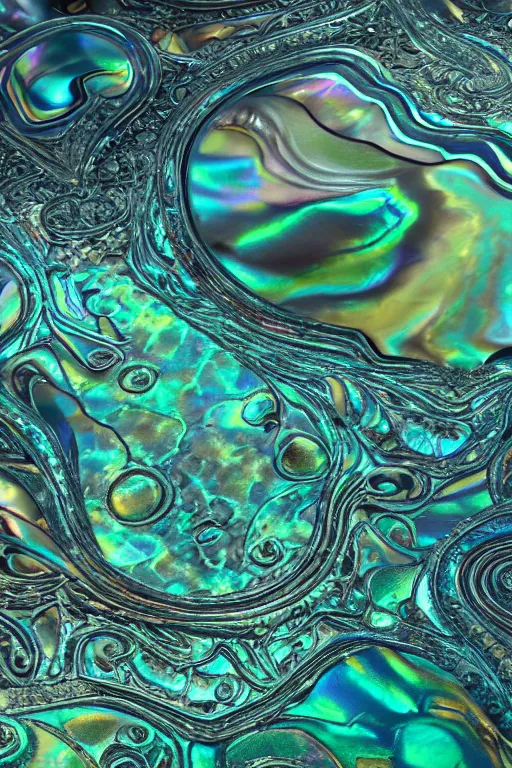 Image similar to Art Nouveau cresting oil slick waves, hyperdetailed bubbles in a shiny iridescent oil slick wave, black opal, abalone, paua shell, ornate copper patina medieval ornament, rococo, oganic rippling spirals, octane render, 8k 3D
