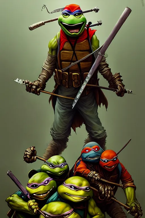 Image similar to hieronymus bosch, greg rutkowski, anna podedworna, painting of teenage mutant ninja turtles casey jones