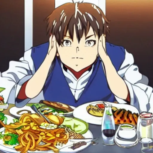 Image similar to Alex Jones eating an entire feast by himself in an anime style.